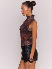 MUSERA Top ajustado de malla con cuello alto, estampado, dobladillo de lechuga, sexy para salir, otoño, noche de invierno, lindo streetwear, fiesta de Navidad Feraux