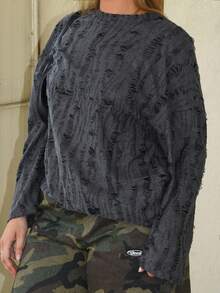 Arliah 女士圆领长袖休闲 T 恤，做旧设计，宽松舒适 - 深灰色 - 查看 5