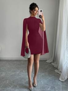 SHEIN PETITE 女士立领雪纺披肩修身迷你连衣裙 - 酒紅色 - 查看 6