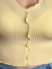 Enliva Camiseta de manga larga con un solo pecho acanalada de unicolor para mujer de talla grande - Amarillo - Ver 5