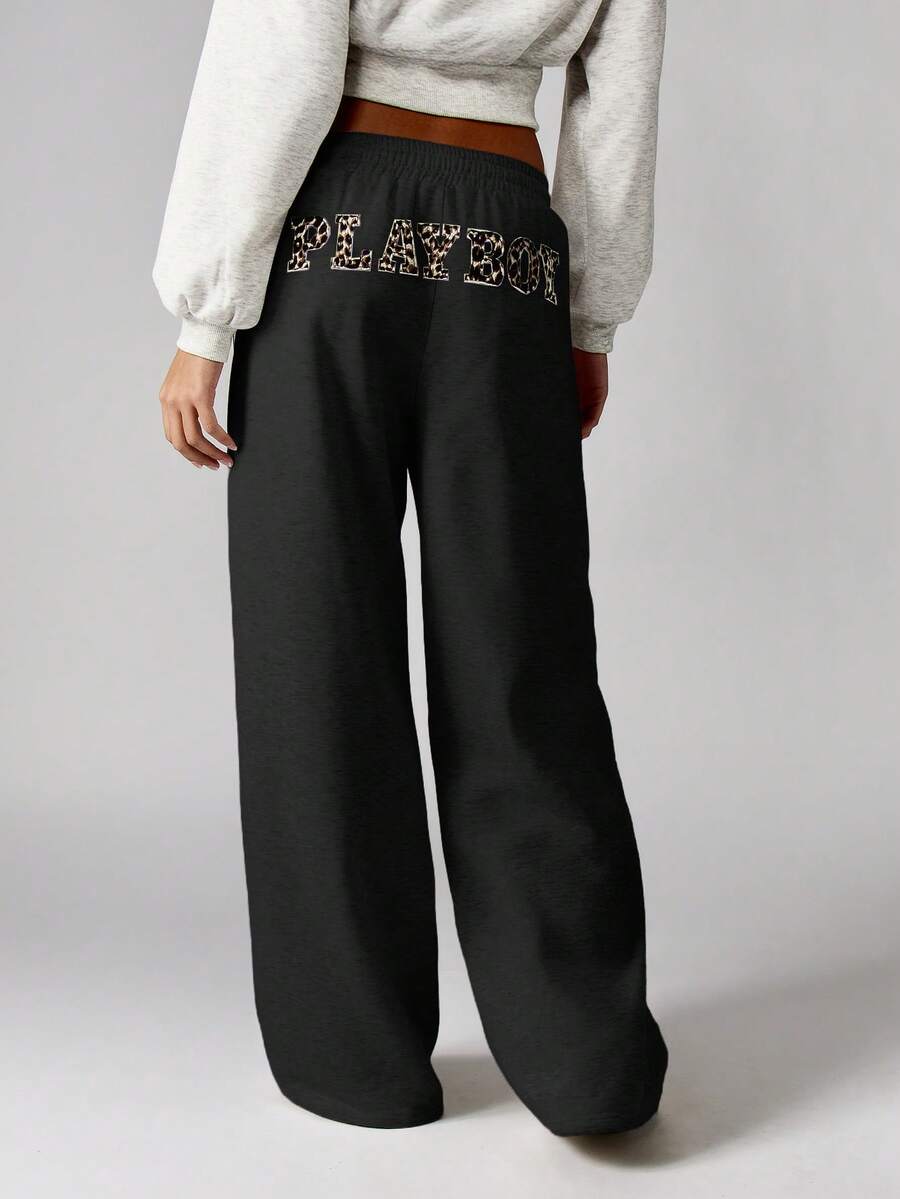 Missguided x Playboy Leopard Print Applique Wide Leg Joggers With Elastic Waistband And Drawstring Comfortable Casual Sweatpants For Fall Winter - Black - View 1