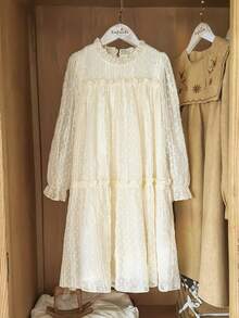 Vintaside Kids Váy dài tay nhiều lớp lưới cho bé gái, kiểu dáng ôm vừa vặn, thích hợp cho các buổi đi chơi, chụp ảnh, hoạt động ở trường, tụ họp tại nhà, vẻ ngoài thanh lịch, màu mơ, mùa xuân/thu - Màu be - Xem 3