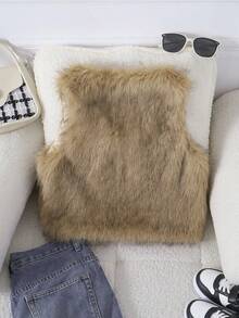 Sparklyn Teen Girl V-Neck Sleeveless Fuzzy Cardigan, Autumn - Brown - View 2