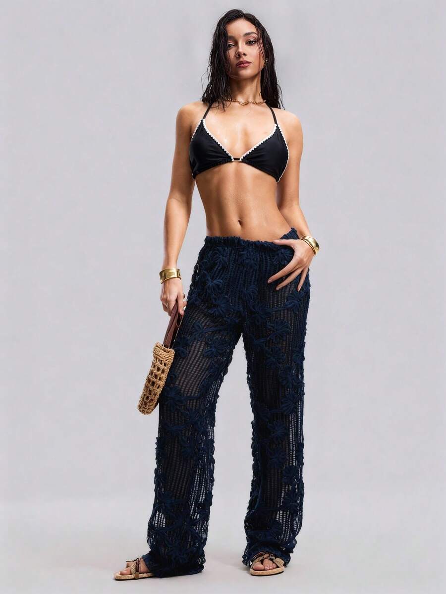 Bonvoyette Summer Outfits For Women Women's Vacation Beach Loose Pants Wide Leg Hollow Mesh Patchwork Embroidered Floral Cover Up - Navy Blue - View 1