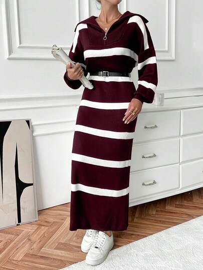 EURMUSE Turtleneck Striped Contrast Color Loose Knit Dress
