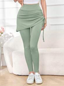 Aidyla Women's Casual Solid Color Side Drawstring Leggings - Mint Green - View 6