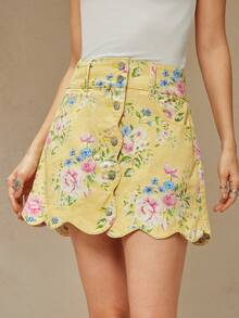 WESTFADE High Waist Scalloped Button Front 100% Cotton Denim Flower Print A Line Mini Jean Skirt Casual, Cute, Autumn, Winter, Boho, Western Wear For Women, Country Concert - Light Yellow - View 3