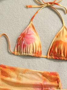 Soleia Plus Size Women Floral Print Halter Knotted Bikini Set With Sarong Skirt, Vacation Beach Outfit