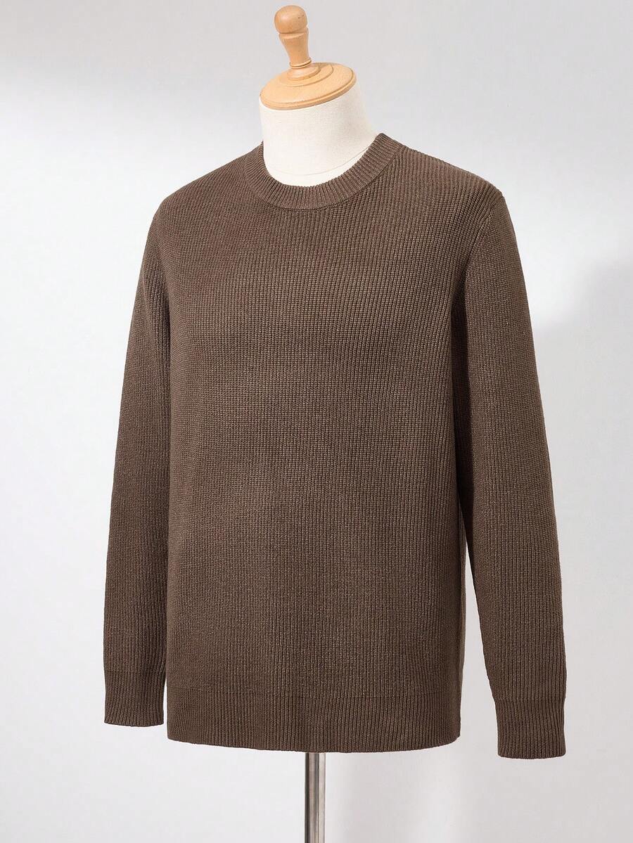 RONVEXI Jersey de cuello redondo de unicolor casual para hombre, de manga larga, para otoño/invierno, en tonos tierra