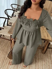 SHEIN LUNE 两件套方领荷叶边下摆花卉装饰裤装 - 咖啡棕 - 查看 5