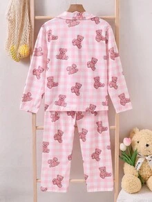 2pcs/Set Girls Sweet Pink Plaid Bear Print Long Sleeve Cardigan Top And Pants Homewear Set,Cute Winter Sleep Pajama Sets For Girls - Pink - View 2
