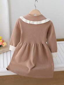 Souflis Souflis Girls' Collared Sweater Dress,Bow Decor Long Sleeve Knit Dress,White Peter Pan Collar School Girl Academic Style,Back-To-School Toddler Autumn Dress - Khaki - View 2