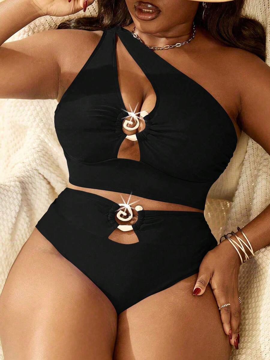 Slaydiva Plus Size Women 2pcs Set One Shoulder Hollow High Waist Swimwear, Summer Beach Vacation - Black - View 1