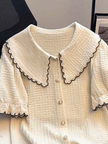 Resyla 新款女士法式彼得潘领短款甜美休闲衬衫 - 杏色 - 查看 4