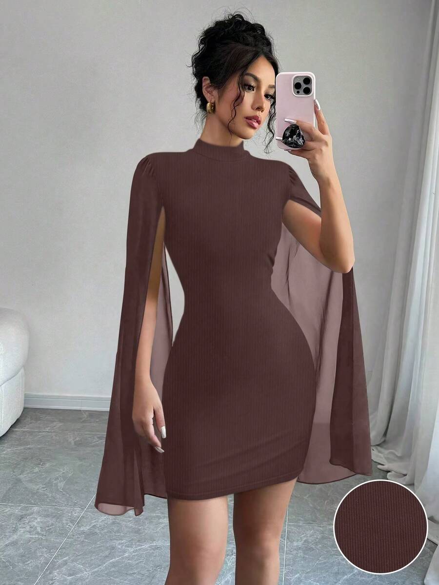SHEIN PETITE Women's Mandarin Collar Chiffon Cape Bodycon Mini Dress - Brown - View 1