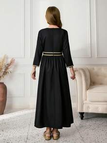 Tween Girls Elegant Party Gold Foil Print Ribbon Dress - Black - View 2