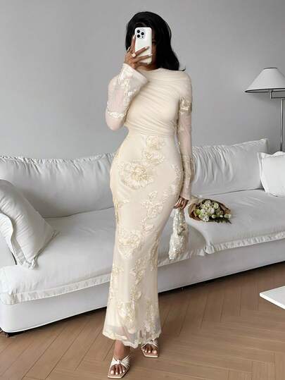 SHEIN Frenchy Elegant smal passformad långärmad klänning med broderad kant i enfärgad färg för kvinnor