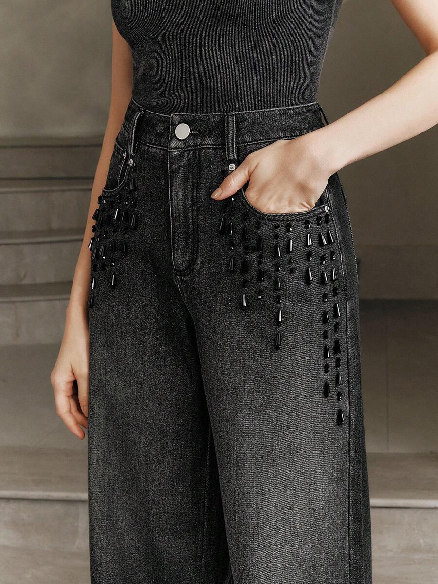 Anewsta Spring New Washed Denim Fashionable Vintage Handmade Beaded Versatile Commuting Wide-Leg Women Jeans - Black - View 1