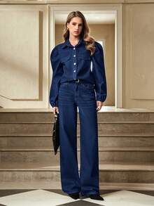 Selenza Women's Fashion Commuter Puff Sleeve Denim Blouse - Dark Wash - View 3