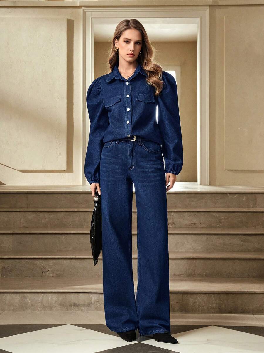 Selenza 女士时尚通勤泡泡袖牛仔衬衫 - 深色水洗藍 - 查看 1