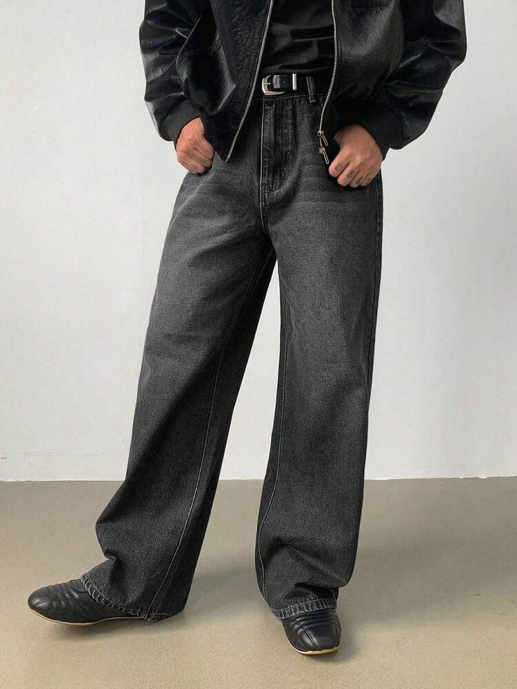 Men's Distressed Washed Dark Blue Denim Jeans, Autumn