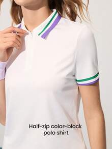 CourtClass Casual Versatile Personalized Contrast Color Collar Zip Up Slim Fit Tennis Shirt Women Polo Tennis Tops Golf Tennis Dress Women Golf Tops
