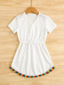 Young Girl White Dress With Floral Lace Trim - White - View 1