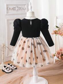 SHEIN Baby Girls' Long Sleeve Ruffle Lamb Dress With Bow & Heart Mesh, Suitable For Daily Gatherings, Elegant And Cute Outfit - Multicolor - View 2