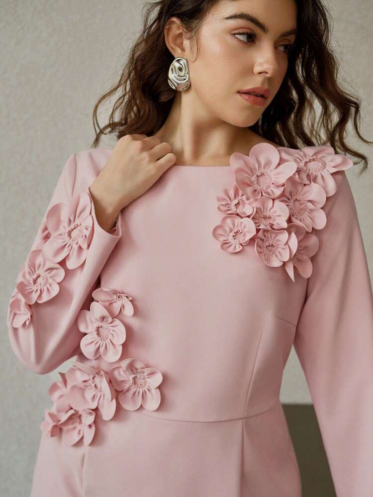 VESTIDO DE MANGA LARGA CON DECORACIÓN FLORAL 3D Y BAJO DE COLA DE SIRENA PARA MUJER TALLA GRANDE