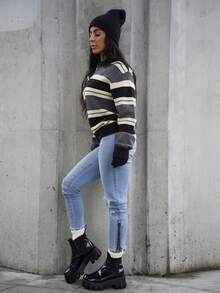 SAYEHFBABY Women's Casual Striped Turtleneck Sweater, Autumn - Grey - View 6