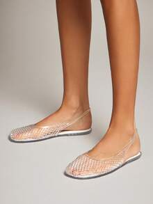 Solezae 女士透明果冻透气网眼露跟芭蕾平底鞋——优雅、柔软，度假必备 - 銀色 - 查看 2