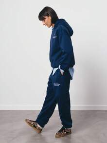 SURIMA 2pcs Casual Minimalist Navy Blue Hooded Long Sleeve Embroidered Loose Fit Women Set, Suitable For Spring/Autumn - Navy Blue - View 3