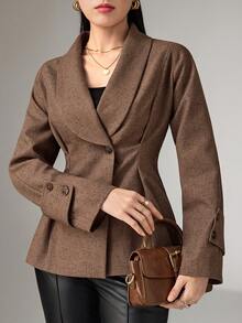 DAZY 女士时尚收腰常规款夹克，适合秋季通勤穿着 - 卡其色 - 查看 5