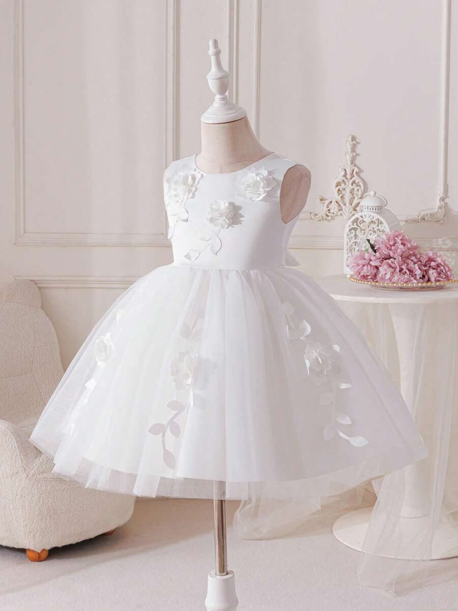 Glamorique Kids Mädchen Weiß 3D Blumen ärmelloses Tüll Volant Kleid, elegantes Blumenmädchen Hochzeitsgast Party Kleid