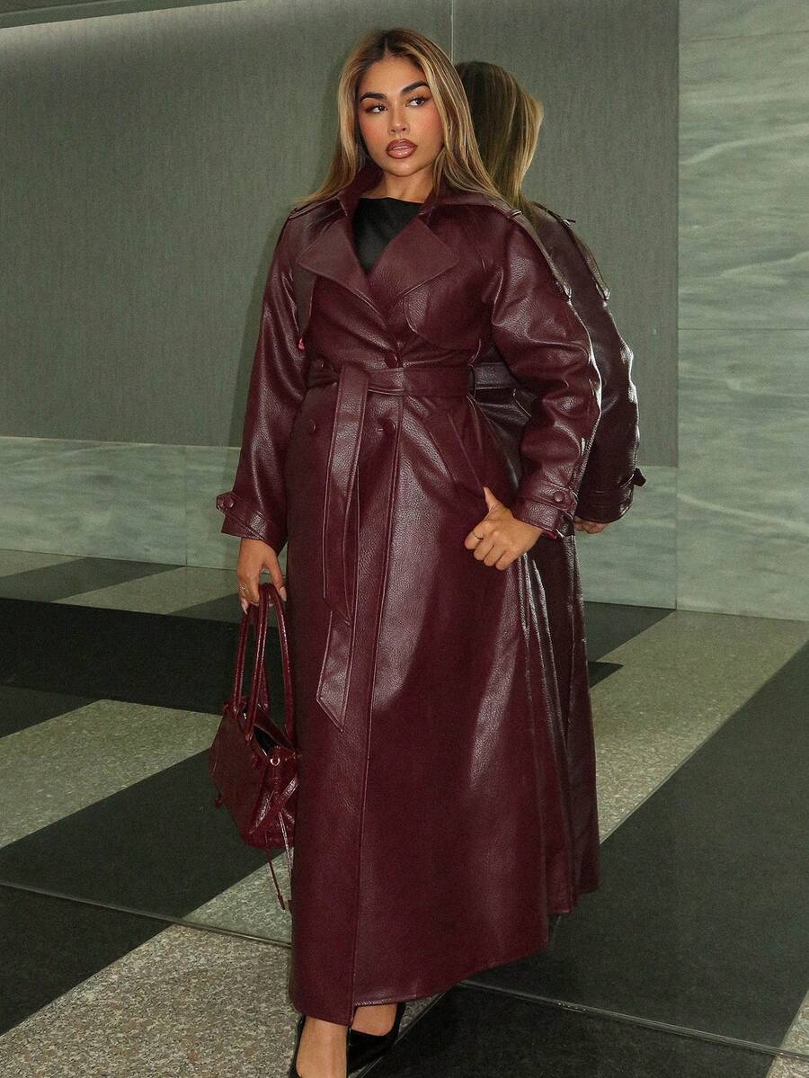 Maria Perezxox 女士时尚腰带长款风衣 - 酒紅色 - 查看 1