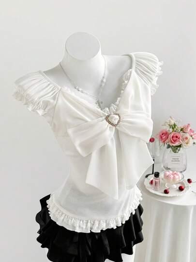 Comfortcana 女士优雅蕾丝边蝴蝶结装饰T恤，夏季新年优雅T恤