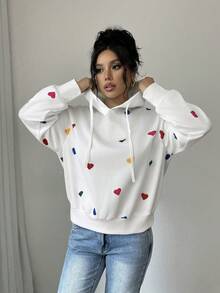 Elenzga Áo nỉ nữ cỡ lớn 1 chiếc, họa tiết trái tim nhiều màu sắc, có dây rút, kiểu dáng thường ngày, thích hợp mặc trong nhà và ngoài trời, mùa thu/đông, ngày Valentine. - trắng - Xem 3