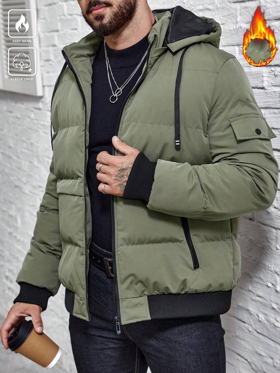 Manfinity Homme 宽松男士拉链抽绳连帽羽绒服 - 綠色 - 查看 1