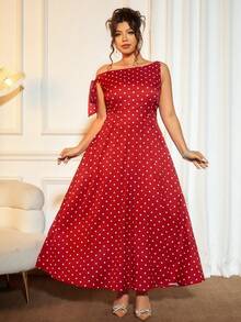 Cravure 大码波点印花不对称肩部连衣裙 - 紅色 - 查看 7