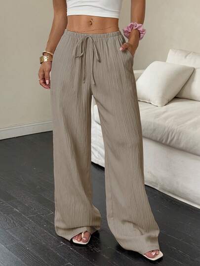Flirla Women's Casual Versatile Solid Color Wide Leg Pants Fall Cloth For Women