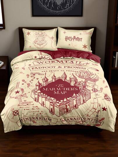 HARRY POTTER X SHEIN 3 Piezas Juego de Funda Nórdica con Estampado del Mapa del Merodeador, Hecho de Tela Cepillada, Suave y Cálido, Funda Nórdica Roja, Disponible en Múltiples Tamaños, Apto para Camas Individuales/Dobles/King/Extra King, Vuelta al Colegio