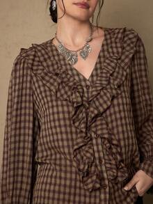 Freevana Áo sơ mi dài tay họa tiết hoa voan cỡ lớn cho nữ, áo cánh dài tay họa tiết hoa Bohemian, viền bèo nhún, hàng mới về đầu xuân - Nhiều màu - Xem 8