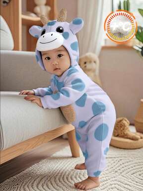 SHEIN Baby Boys Thermal Lined Hooded Long Sleeve Romper, Cute Giraffe Design, Comfortable & Versatile All-Match Outfit, Suitable For Indoor, Outdoor, Daily Wear, Sports, Play, Party, Halloween, Autumn/Winter