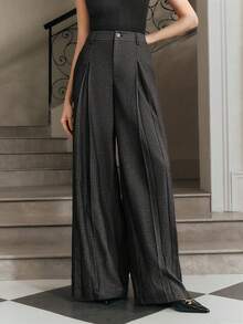 Anewsta Quần ống rộng dáng rộng màu xám cổ điển hiện đại, quần công sở/đi làm thon gọn cho nữ (có thắt lưng) - Xám - Xem 3