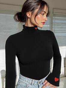 INAWLY Camiseta de manga larga de cuello alto con ajuste ceñido y estampado de corazón para tallas grandes - Negro - Ver 3
