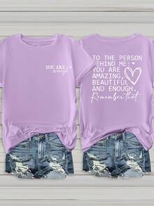 EMERY ROSE 女士标语图案圆领短袖休闲百搭T恤 - 紫色 - 查看 1