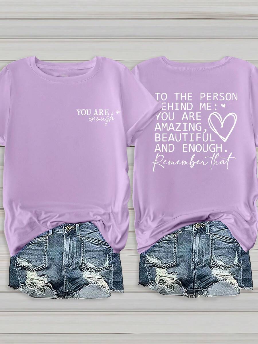 EMERY ROSE 女士标语图案圆领短袖休闲百搭T恤 - 紫色 - 查看 1