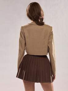 SHEIN Glamour Women's Chic Khaki Autumn Two Piece Set,Fashionable Daily Office Commute Cropped Blazer Jacket&Skirt Suit,Night Out Brown Pocket Turnover Jacket - Khaki - View 7