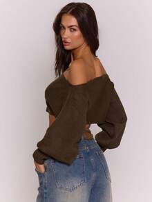 MUSERA Strickoberteil mit Ballonärmeln, Bardot-Ausschnitt, elegant für Frühlingsurlaubsoutfit, süß und sexy 90er Jahre Sommer, Y2K Tops für Ibiza-Urlaub, Festival, Winter, Alltag und elegante Abende - Armeegrün - Übersicht 2