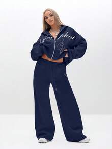 BABYPHAT Relaxed Baggy Sweatpants With Logo Embroidery Wide Leg Loungewear Joggers High Waisted Casual Comfort Pants - Navy Blue - View 4